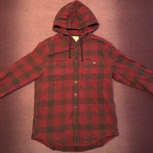 American Eagle Red & Black Plaid Hooded Flannel Button Up Shirt